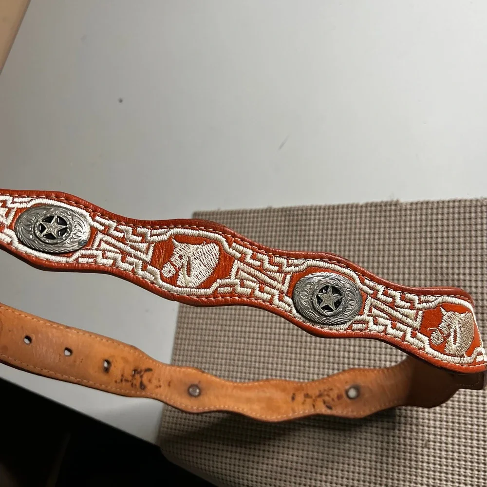 Vintage Mexican Piteado Leather Belt 34 Brown Embroidered Concho Western Star
